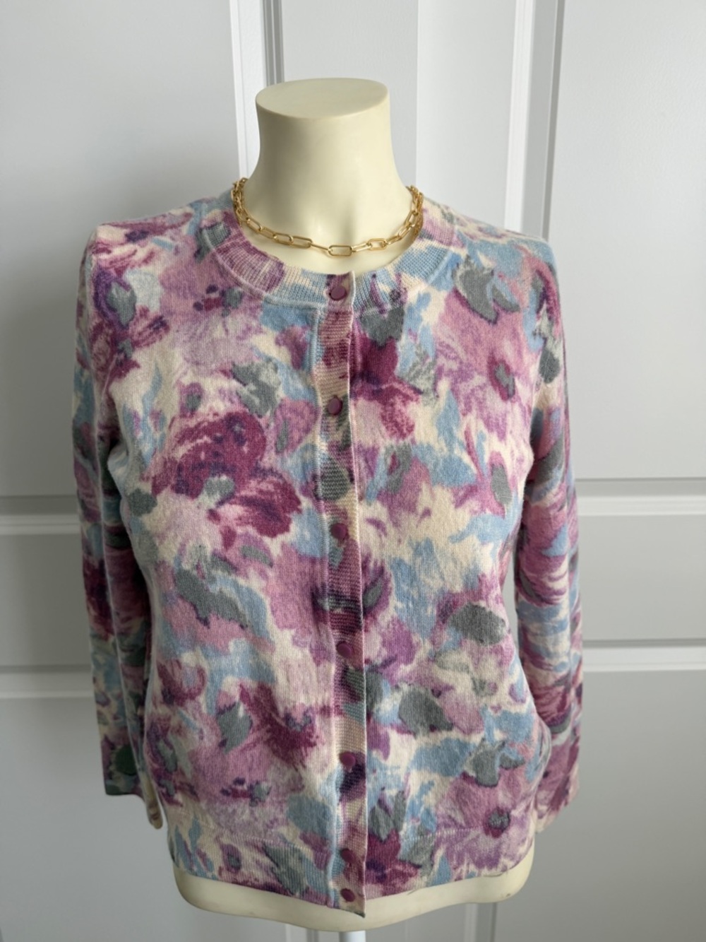 Talbots Pastel Floral Crewneck Cardigan - Pink, Purple, Blue
